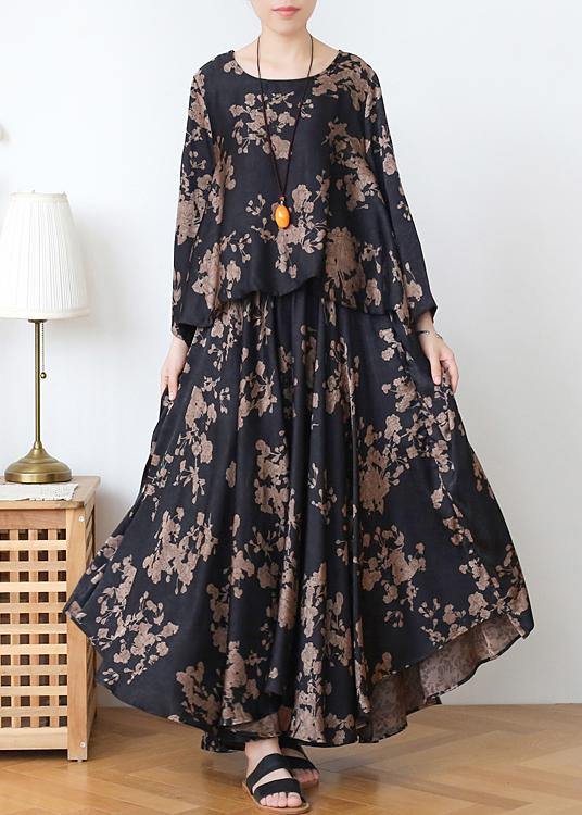 Loose silk satin wind dress black Chocolate color printing fashion  two-piece goddess big swing skirt