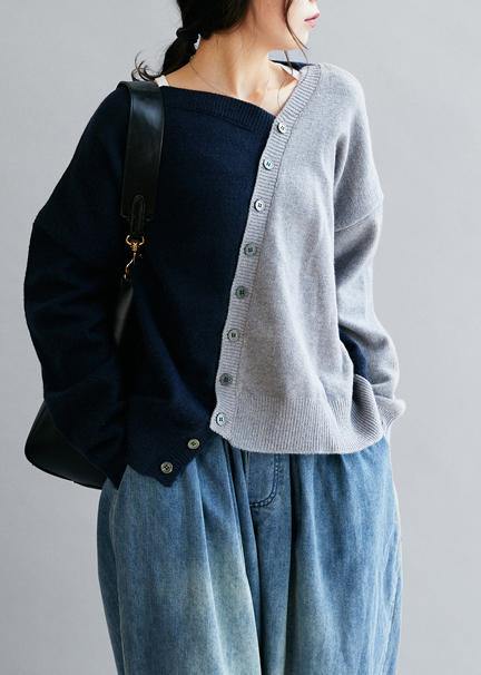 Vintage blue clothes v neck patchwork Loose fitting fall sweaters
